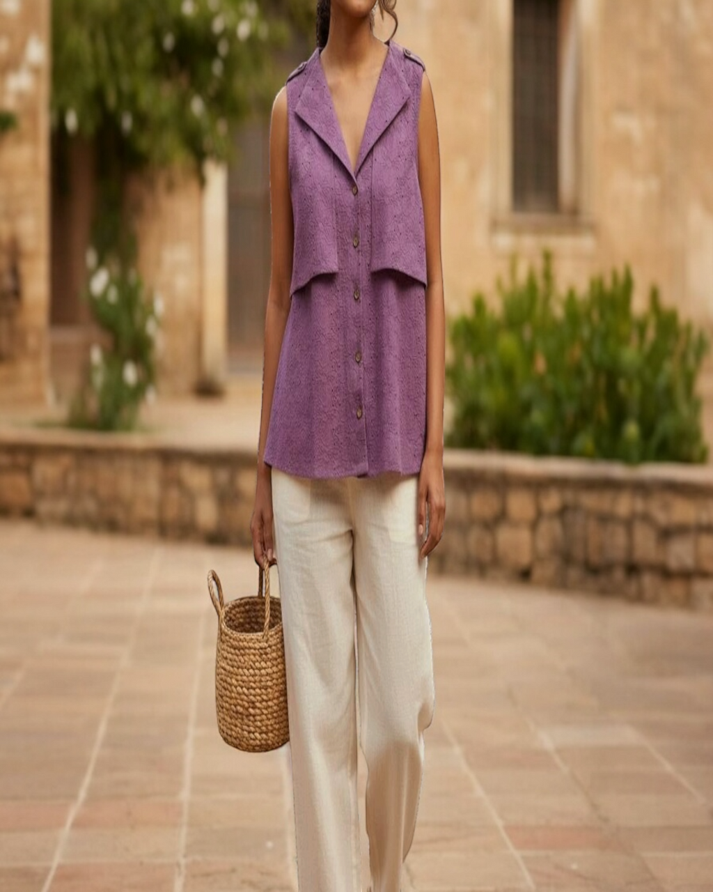 Mauve Schiffli Embroidered Sleeveless Top
