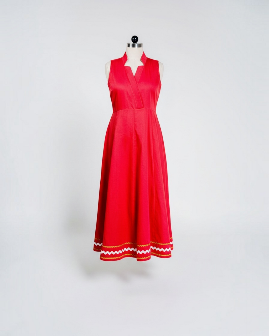 Cherry Red Ric-Rac Trim Notch Collar Midi Dress