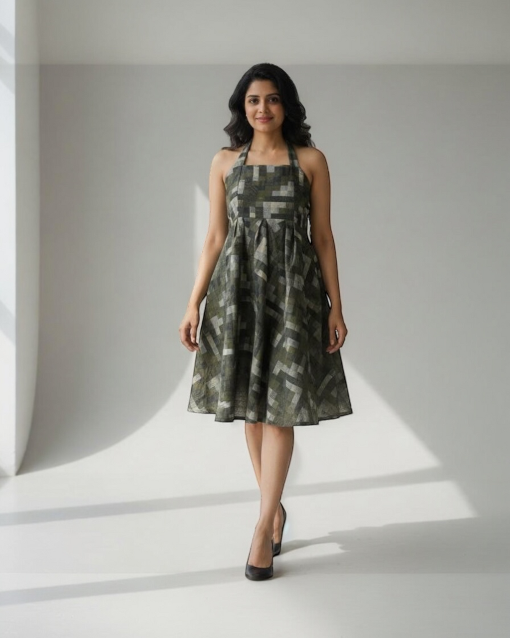 Olive Geometric Print Halter Dress