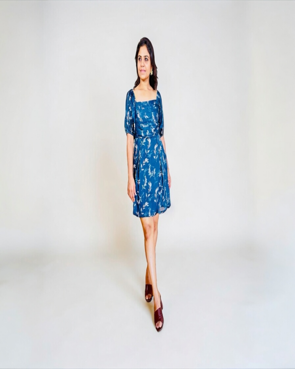 Teal Botanical Print Puff Sleeve Square Neck Mini Dress