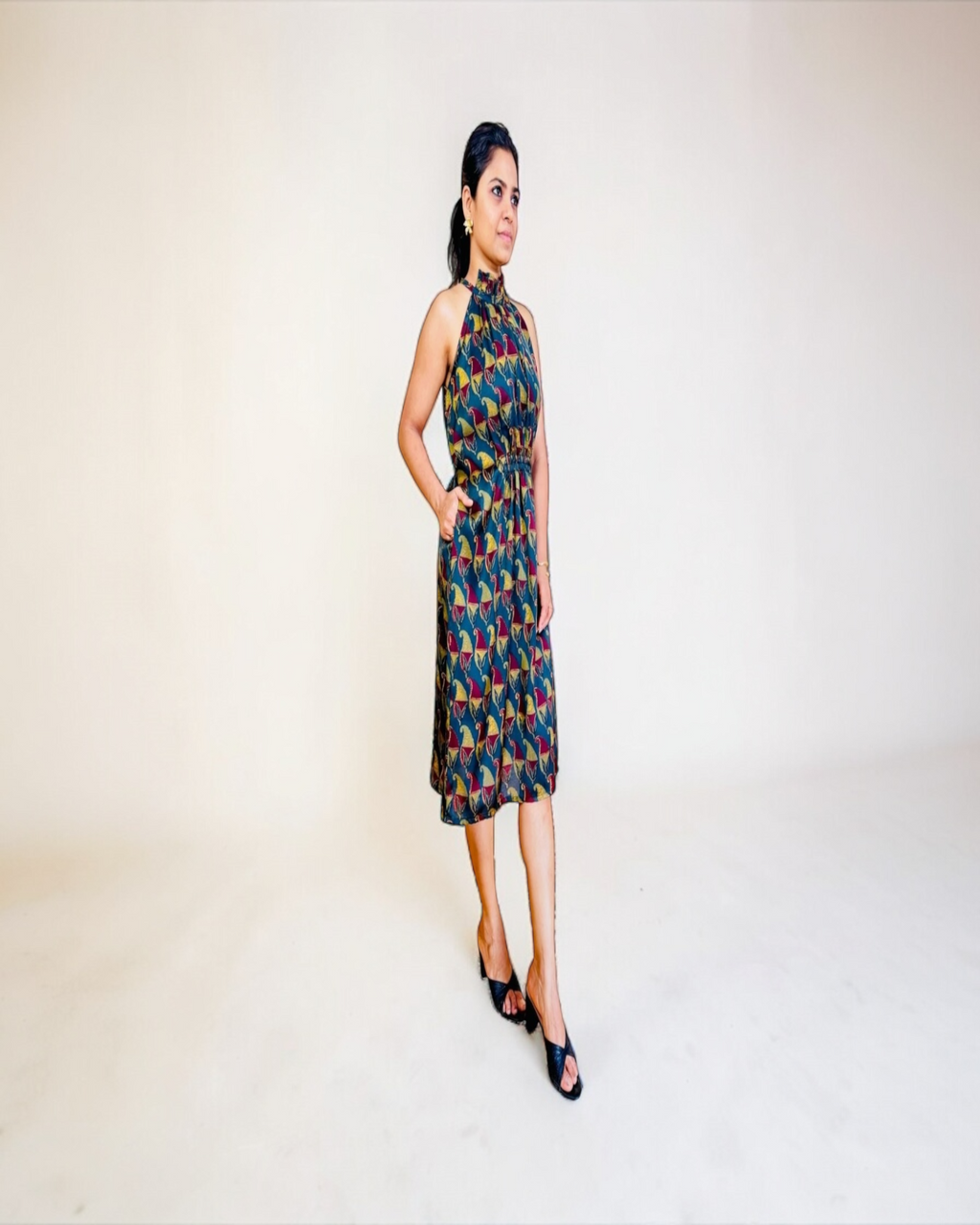 Tribal Bird Print Halter Neck Dress