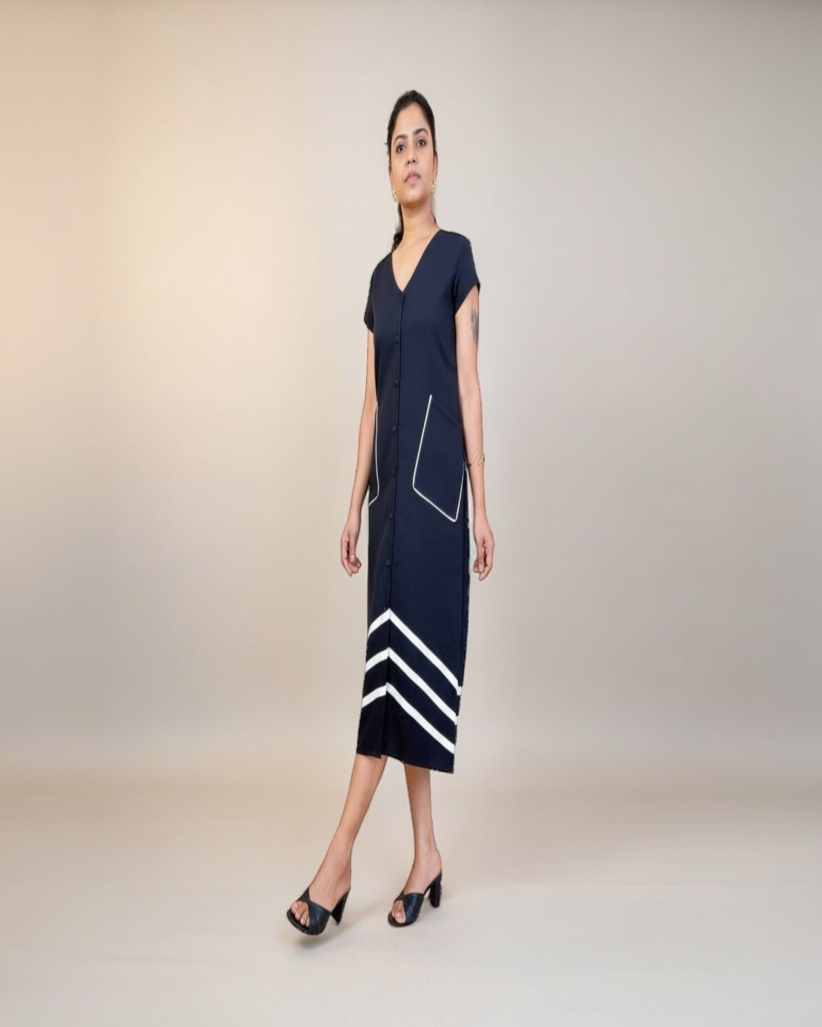 Navy Chevron Stripe Button-Down Midi Dress