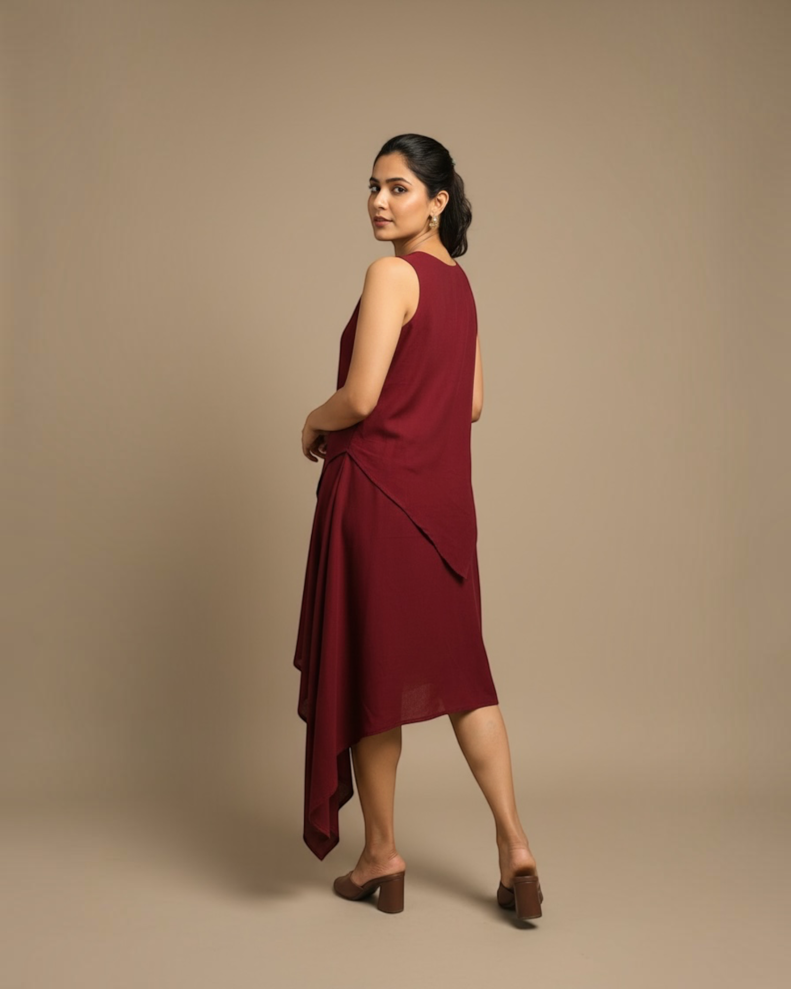 Magenta Draped Overlay Asymmetric Hem Dress