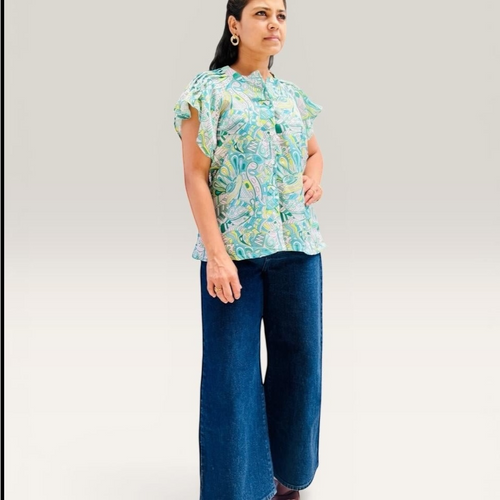 Abstract Print Flutter Sleeve Top