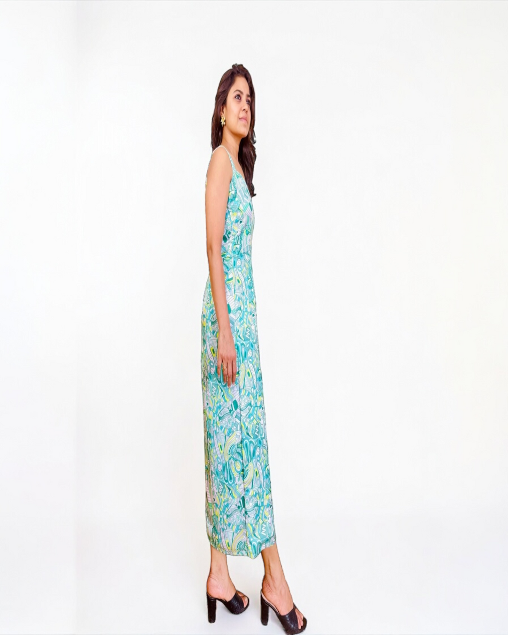 Mint Teal Abstract Doodle Print Front Slit Midi Dress