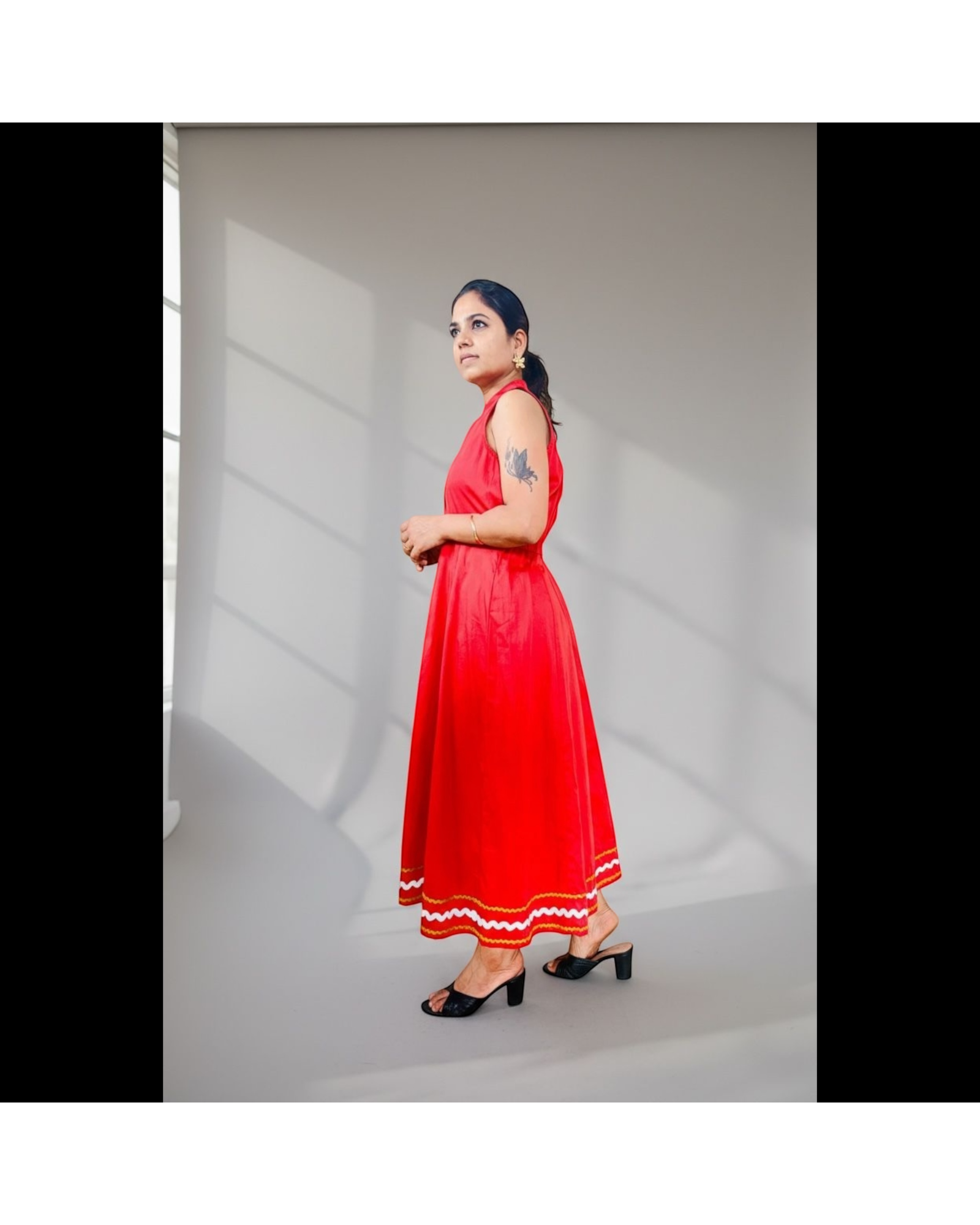 Cherry Red Ric-Rac Trim Notch Collar Midi Dress