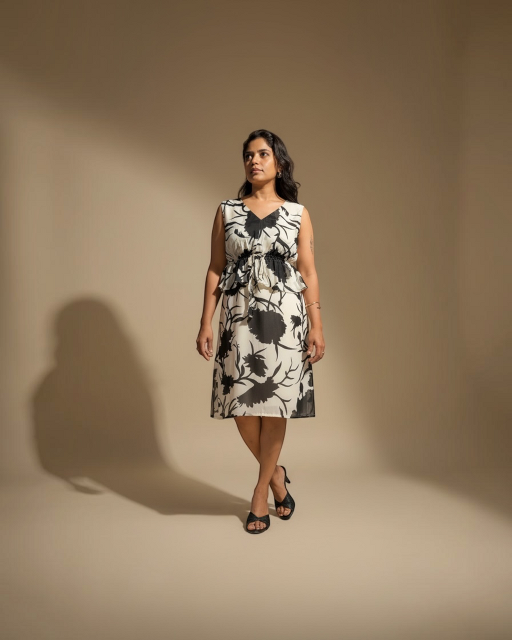 Cream & Black Bold Floral Peplum Midi Dress