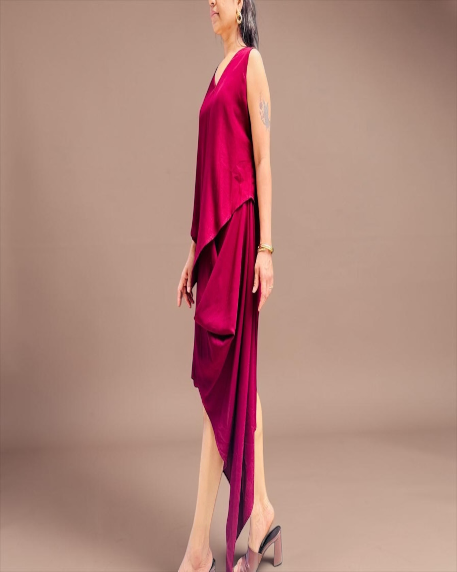 Magenta Draped Overlay Asymmetric Hem Dress