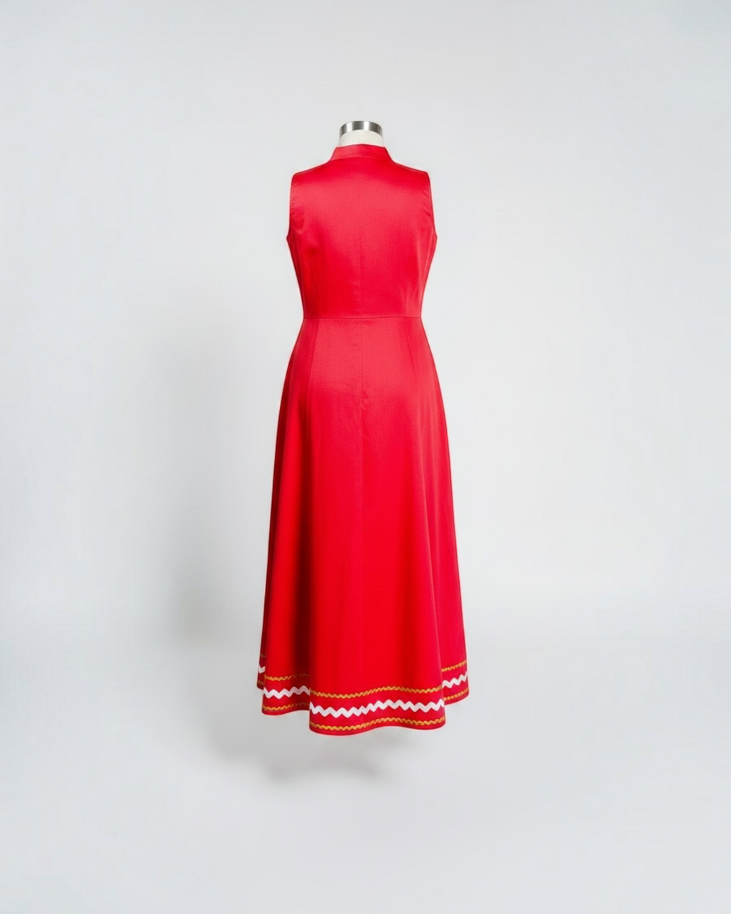 Cherry Red Ric-Rac Trim Notch Collar Midi Dress