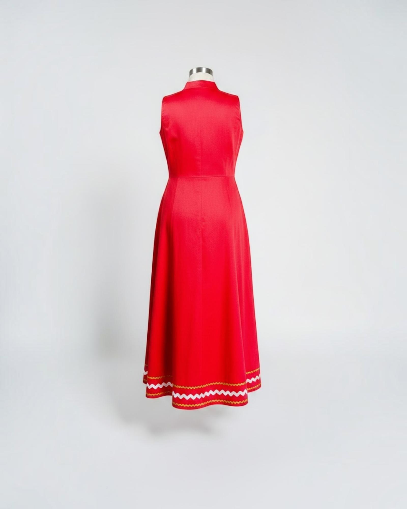 Cherry Red Ric-Rac Trim Notch Collar Midi Dress