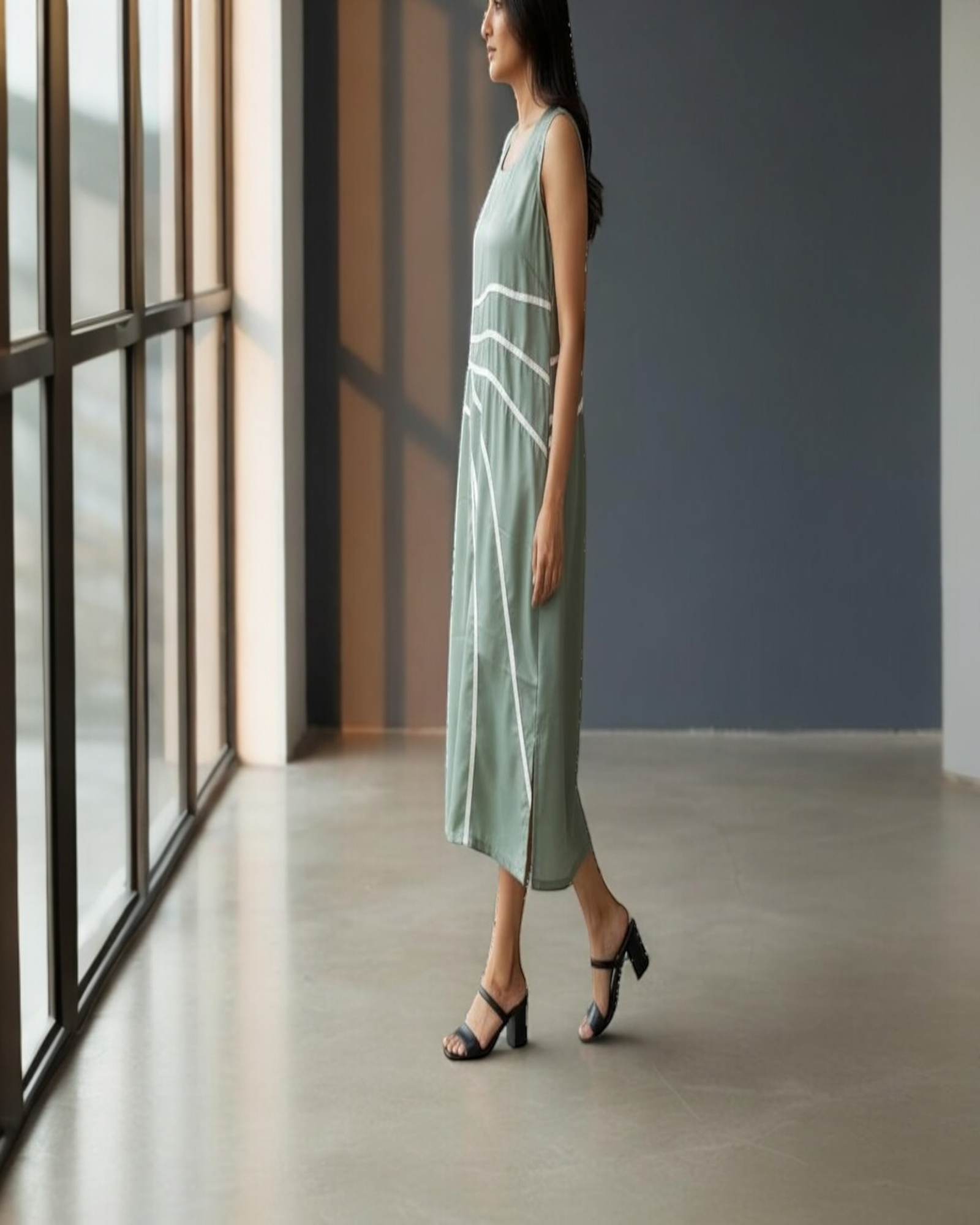 Curved Line Appliqué Satin Midi Dress in Sage Green