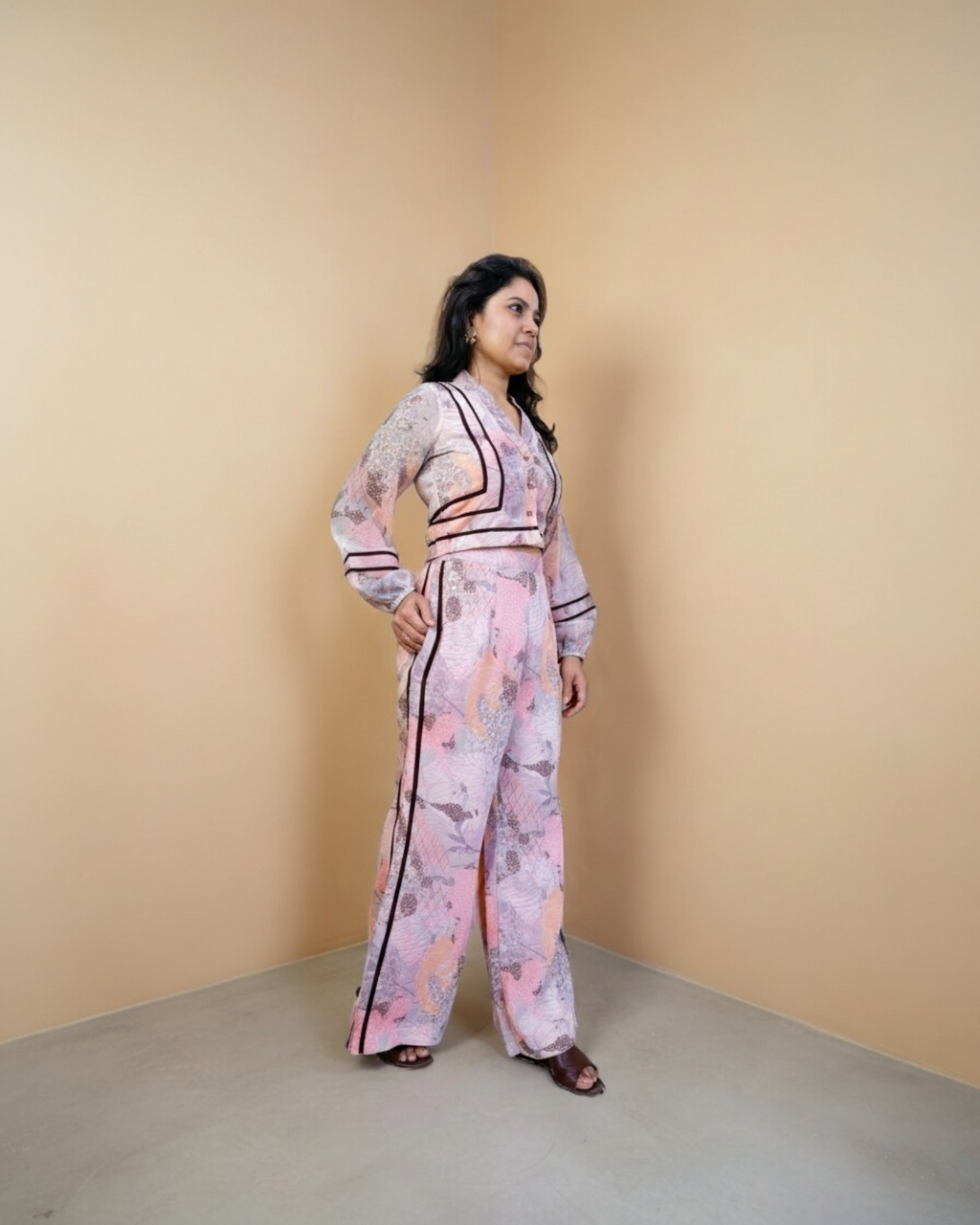 Blush Pink Floral Chiffon Balloon Sleeve Co-ord Set