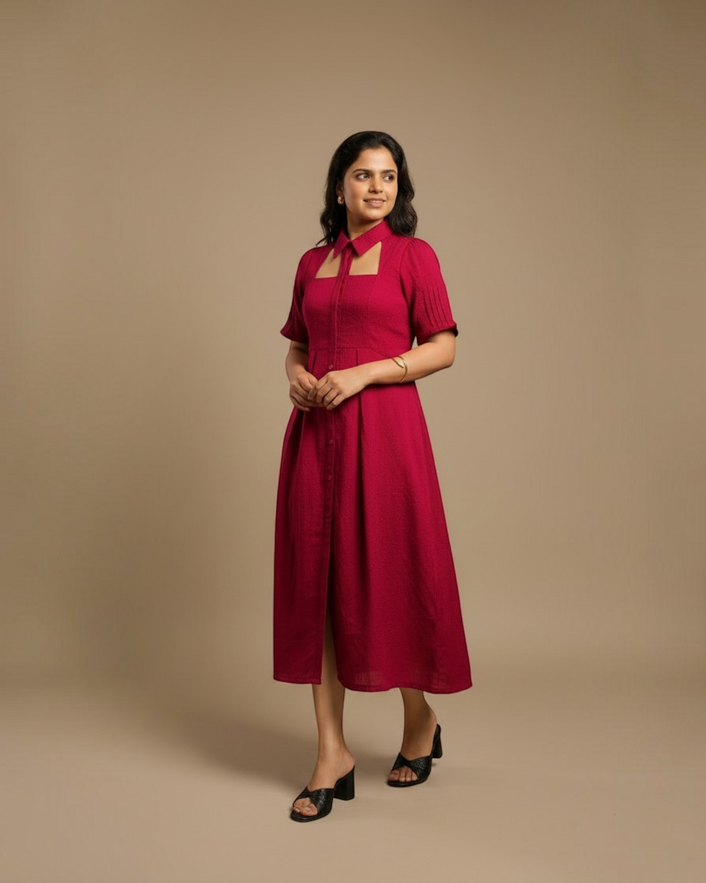 Jacquard Cut-Out Collar Midi Dress in Fuchsia
