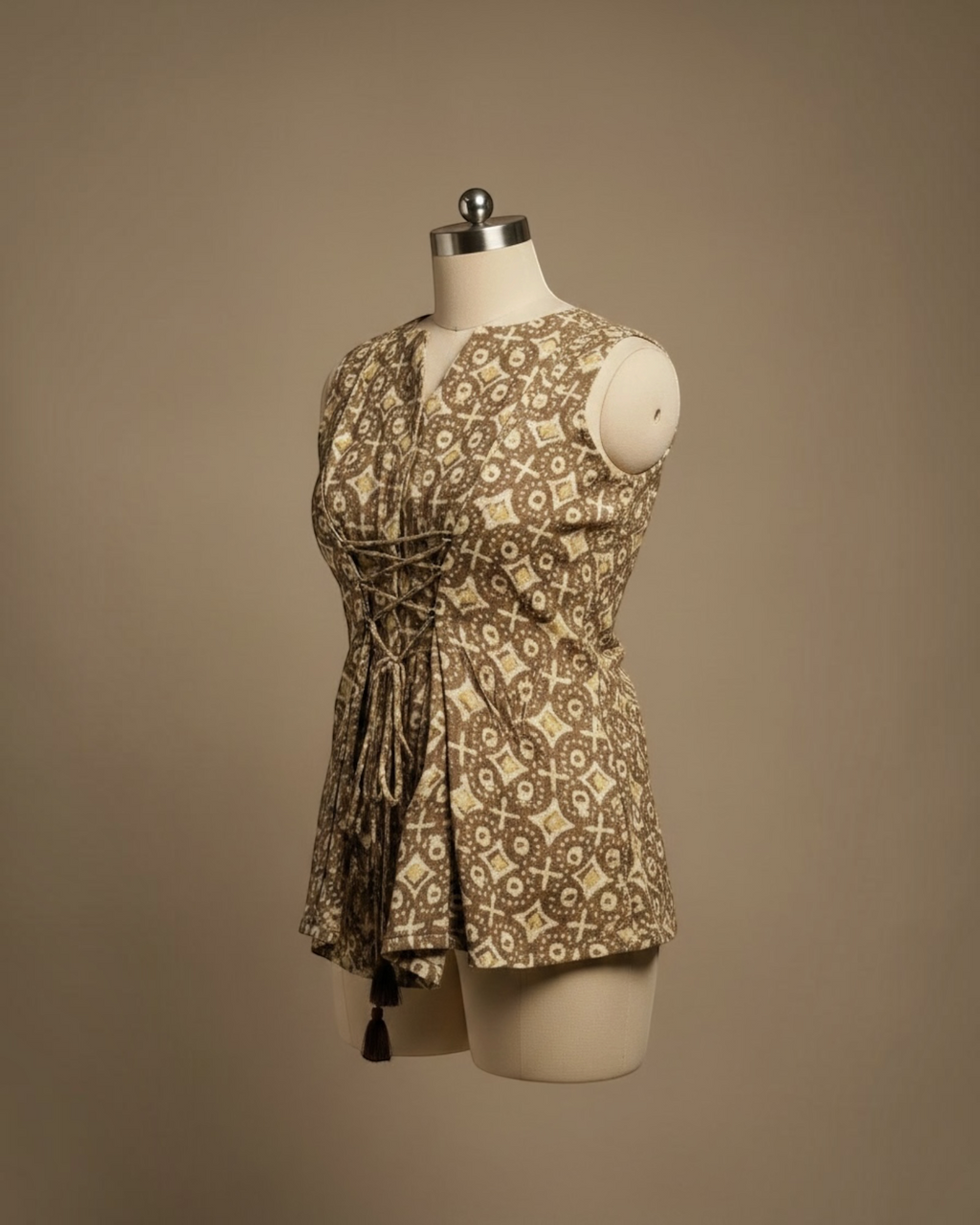 Gold Geometric Print Corset-Tie Peplum Top