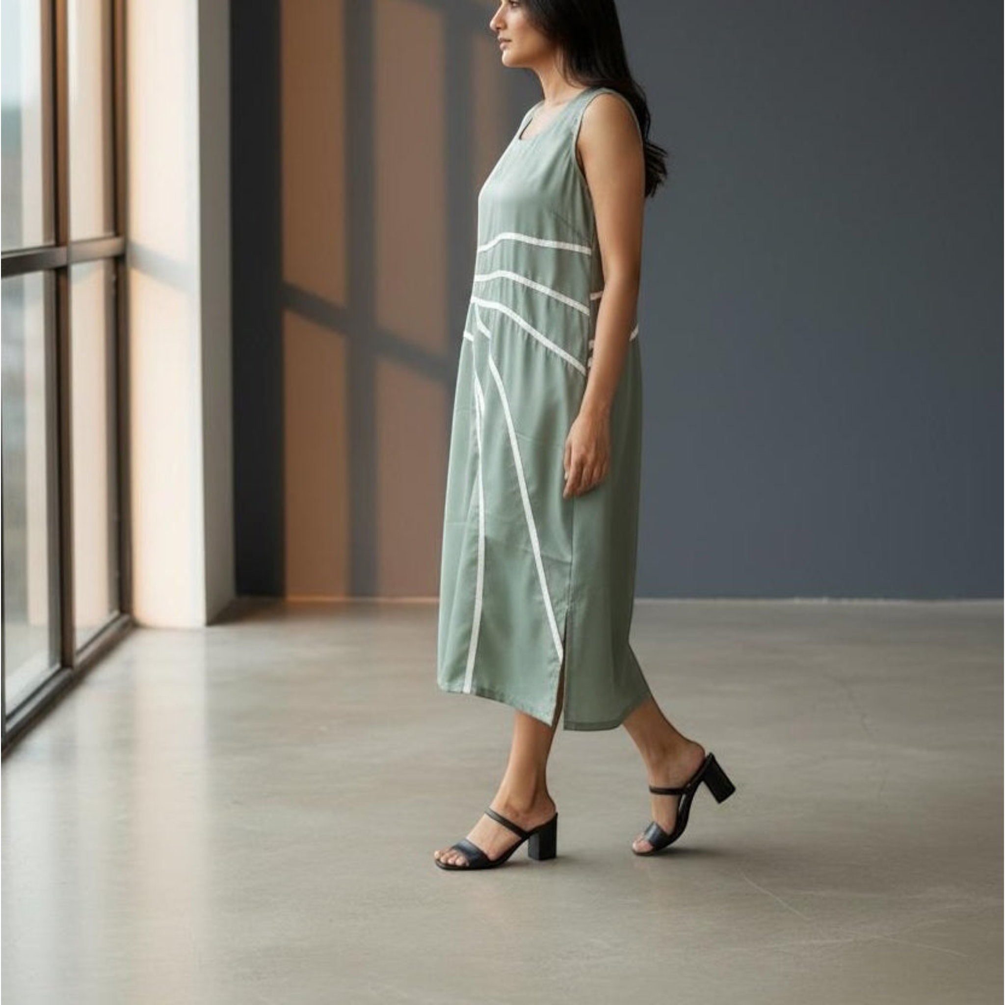 Curved Line Appliqué Satin Midi Dress in Sage Green