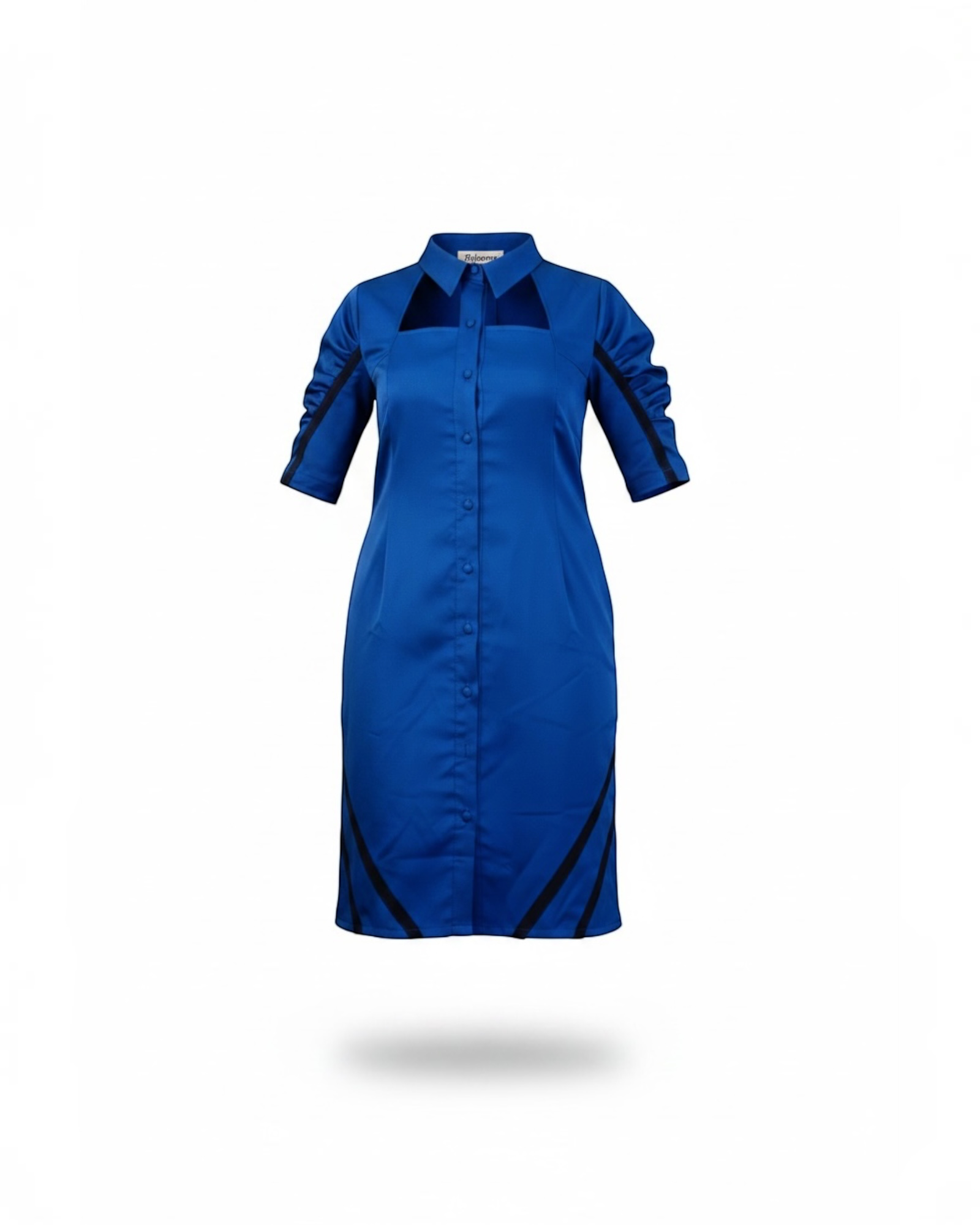 Royal Blue Cutout Collar Ruched Sleeve Button-Down Midi Dress