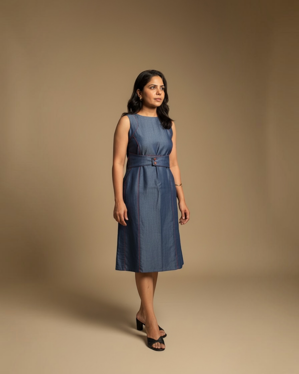 Steel Blue Contrast Stitch Midi Dress
