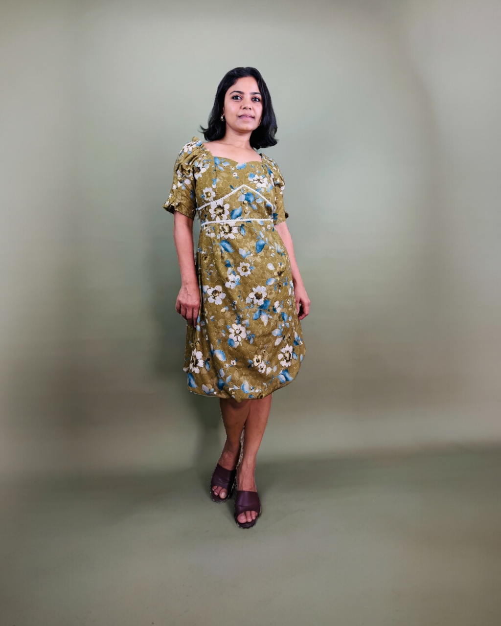 Olive Floral Off-Shoulder Puff Sleeve Dress