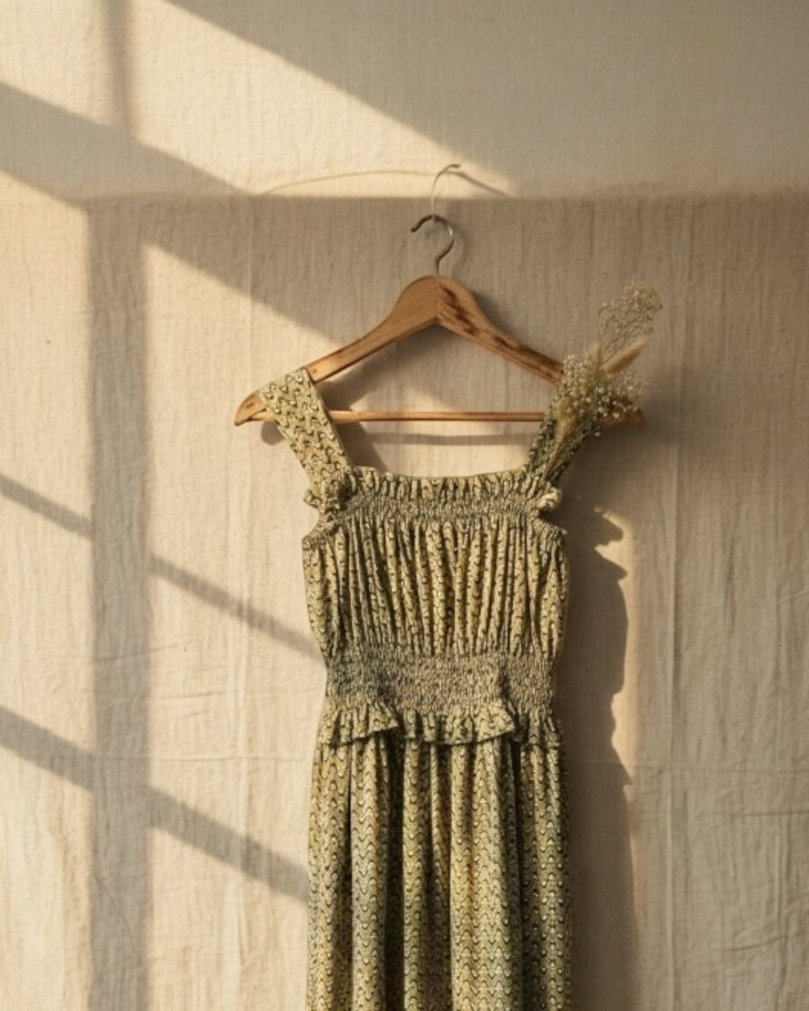 Olive Floral Smocked Midi Dress