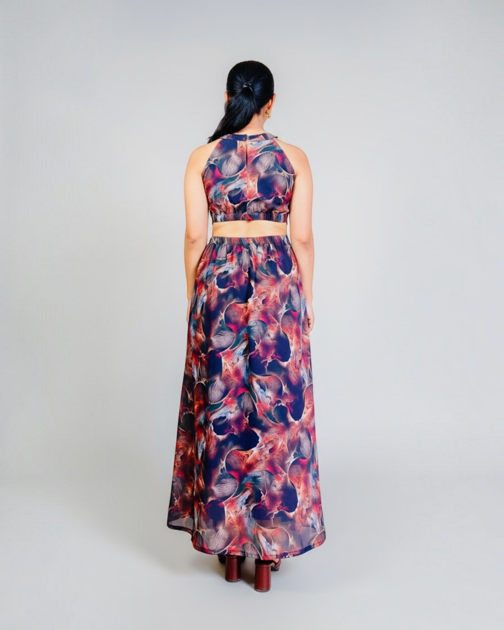 Abstract Marble Print Cut-Out Maxi Dress
