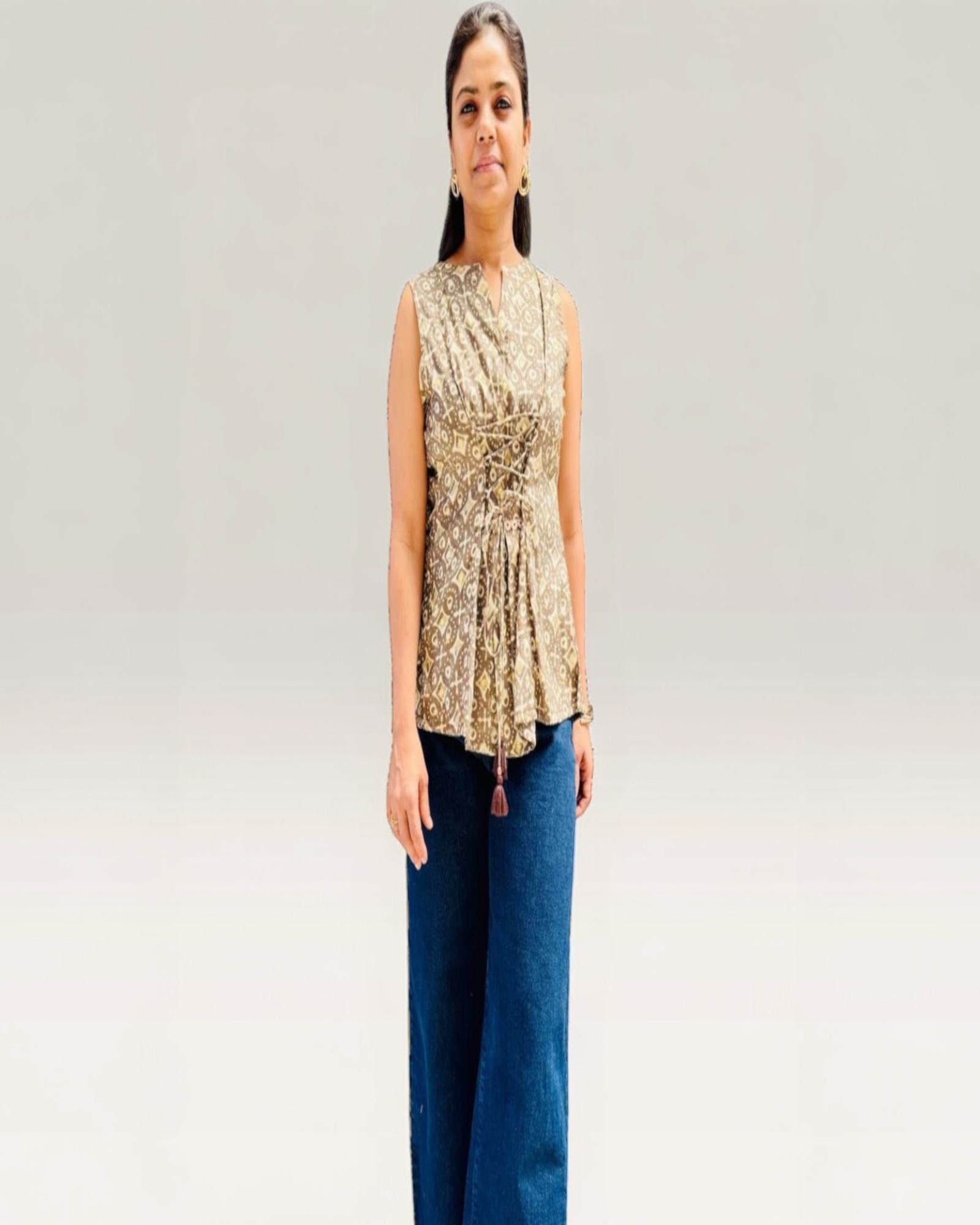 Gold Geometric Print Corset-Tie Peplum Top