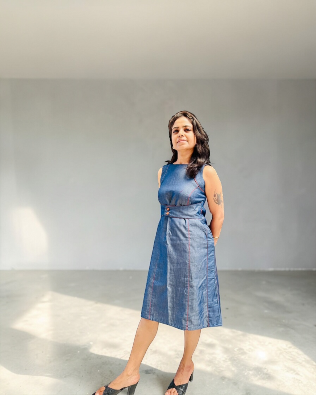 Steel Blue Contrast Stitch Midi Dress