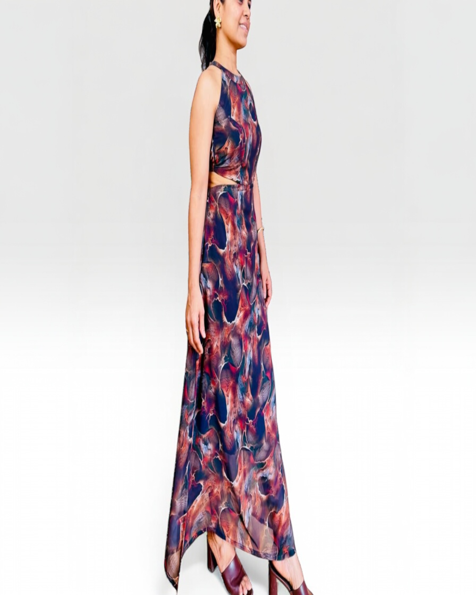 Abstract Marble Print Cut-Out Maxi Dress