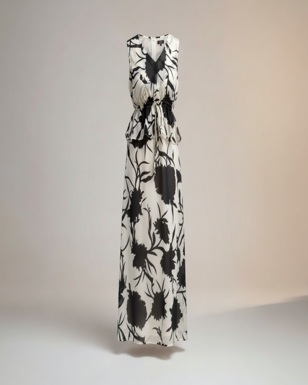 Cream & Black Bold Floral Peplum Midi Dress