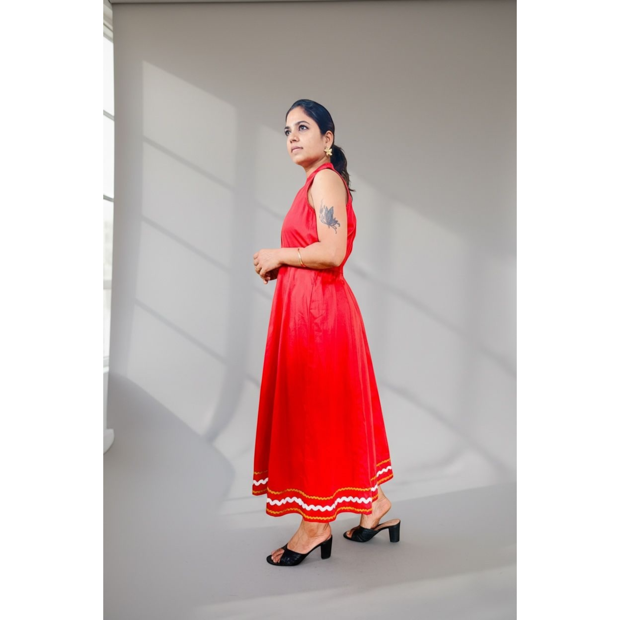 Cherry Red Ric-Rac Trim Notch Collar Midi Dress