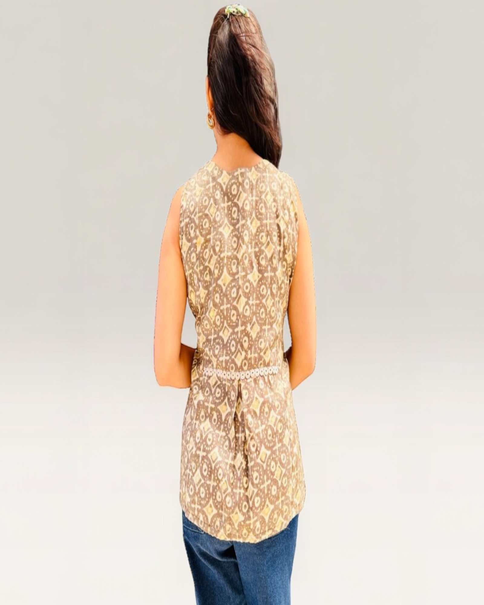 Gold Geometric Print Corset-Tie Peplum Top