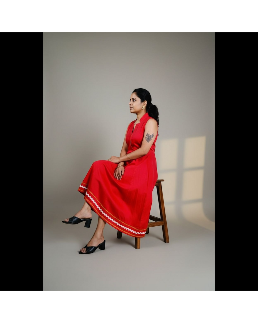 Cherry Red Ric-Rac Trim Notch Collar Midi Dress