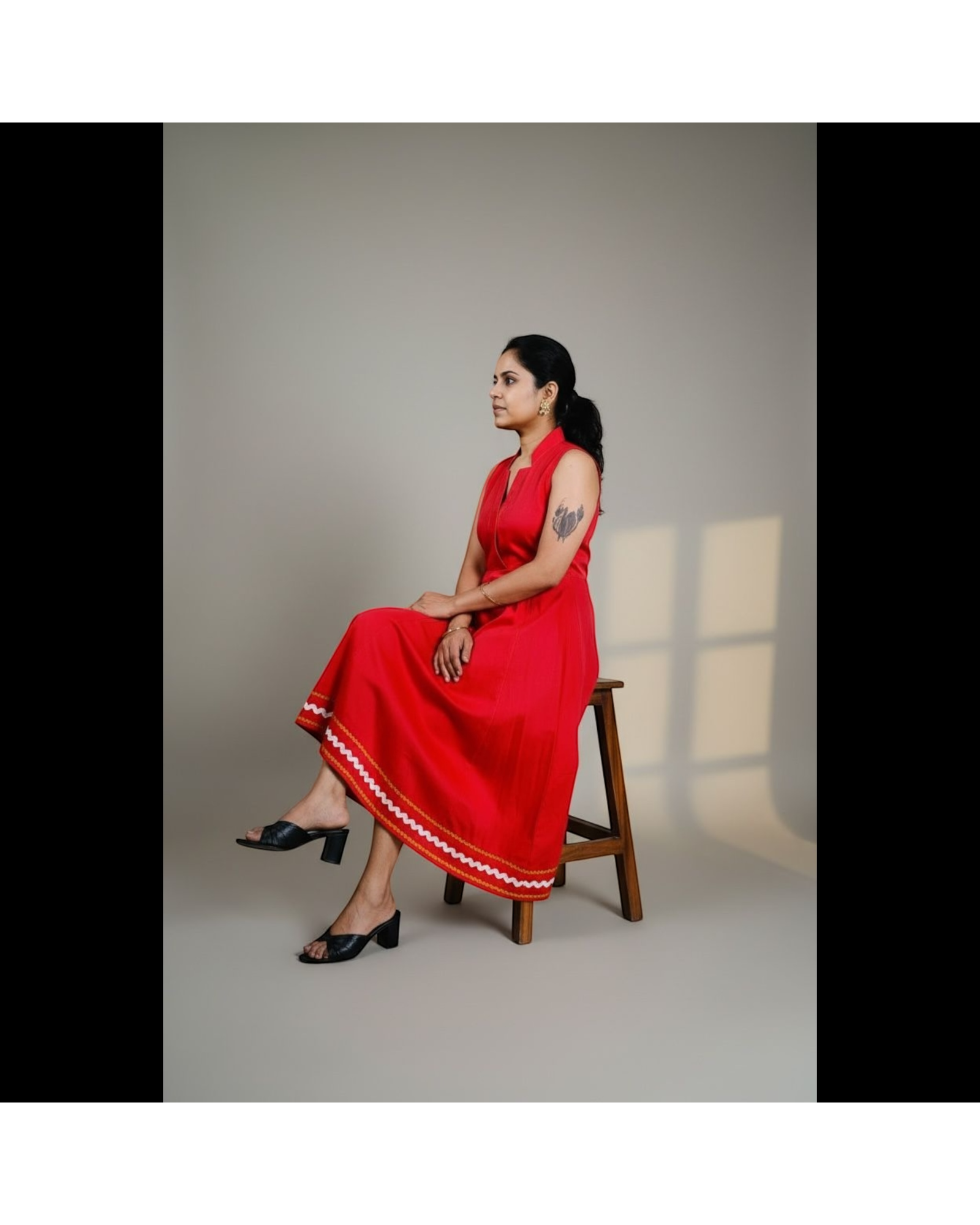 Cherry Red Ric-Rac Trim Notch Collar Midi Dress