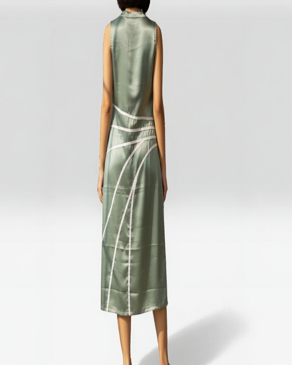 Curved Line Appliqué Satin Midi Dress in Sage Green