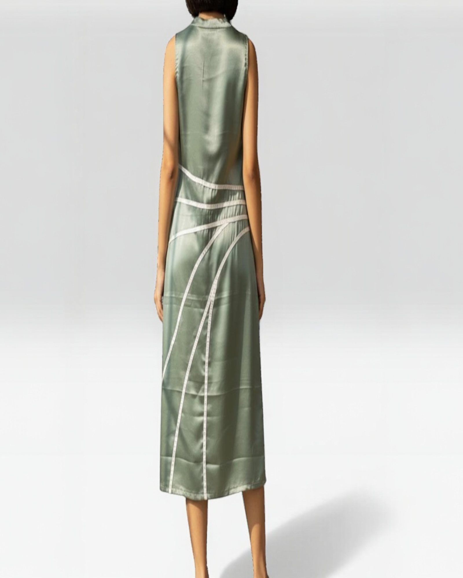 Curved Line Appliqué Satin Midi Dress in Sage Green