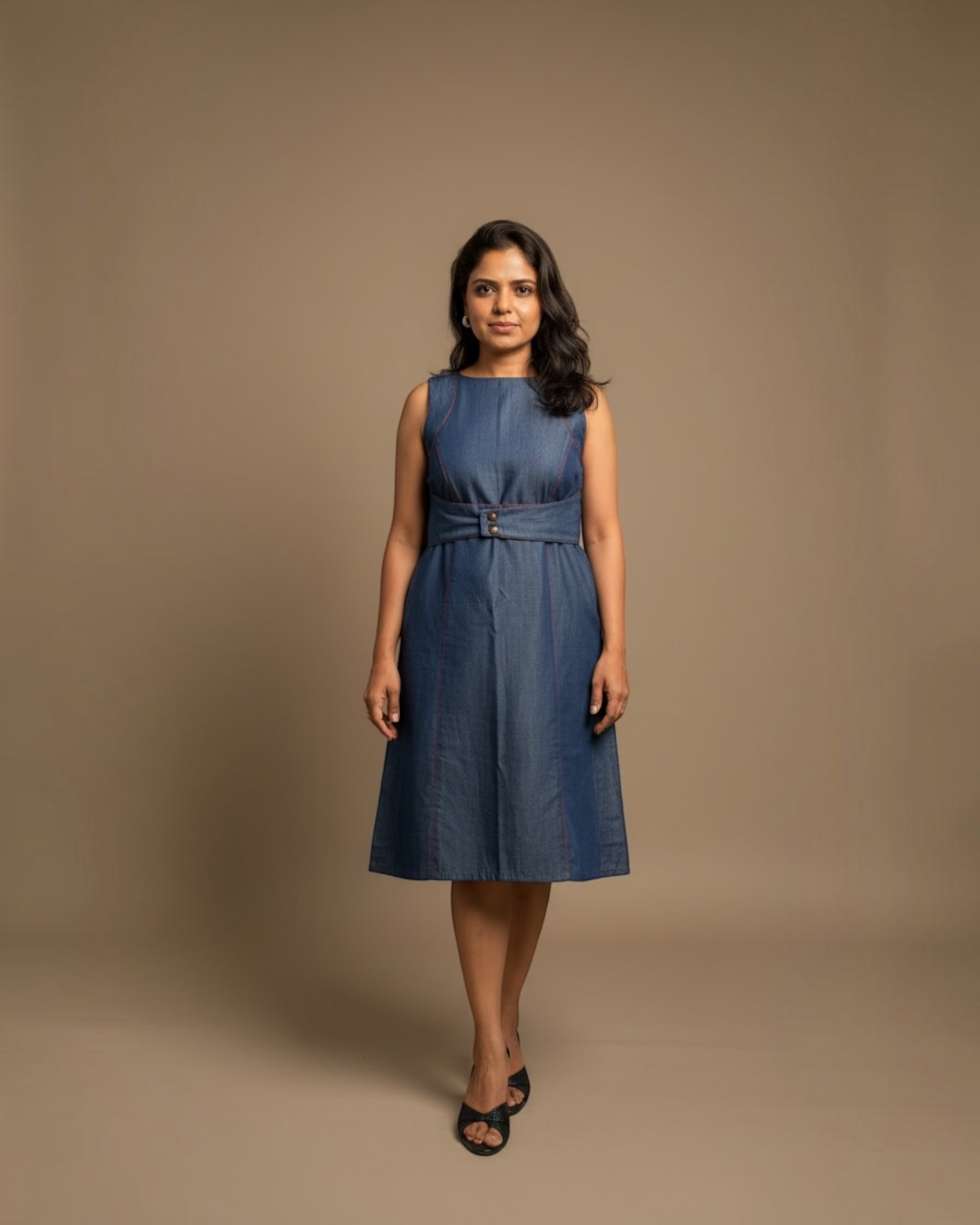 Steel Blue Contrast Stitch Midi Dress