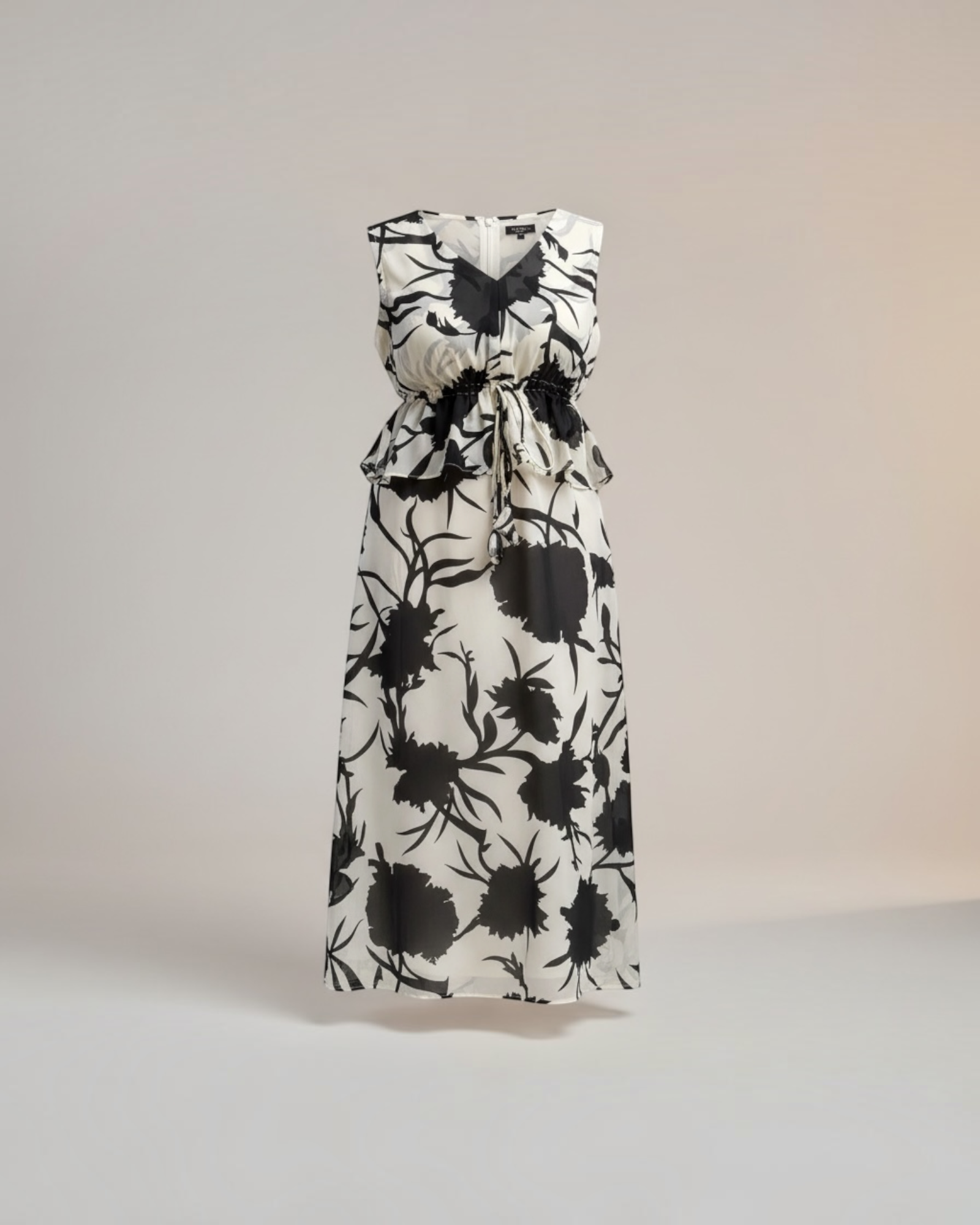 Cream & Black Bold Floral Peplum Midi Dress