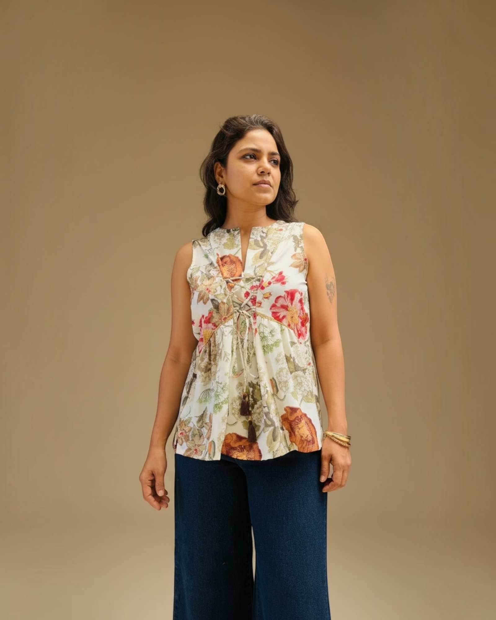 Floral Tie-Front Sleeveless Top