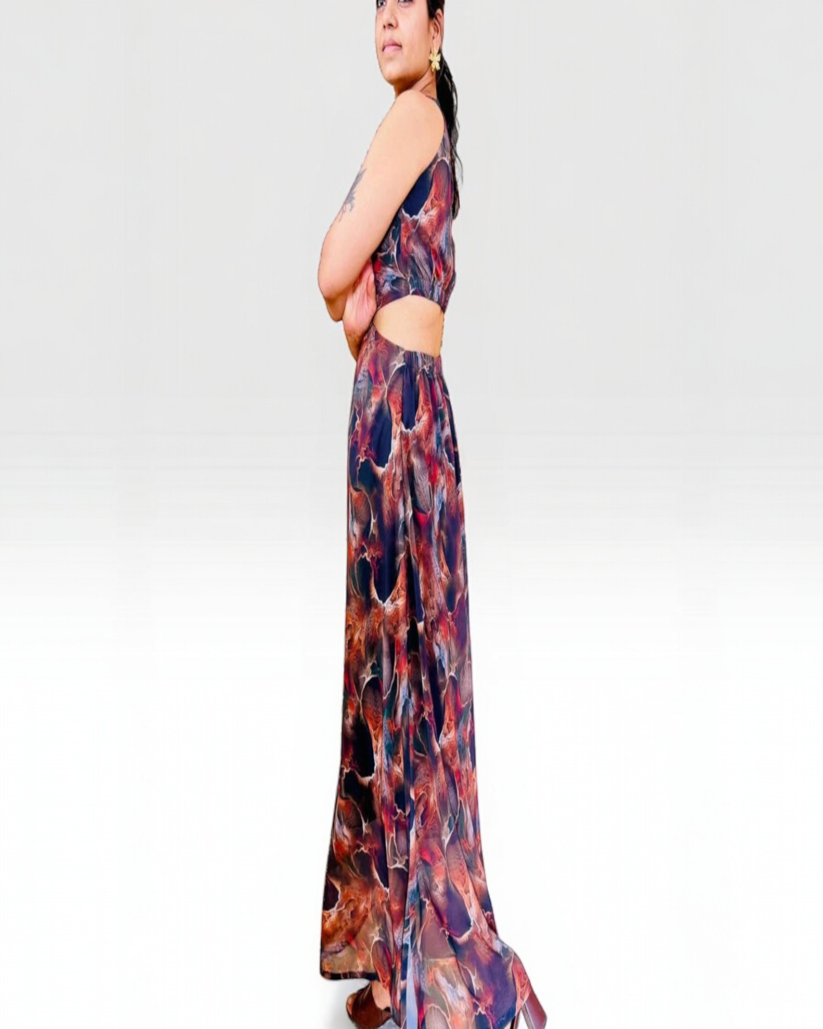 Abstract Marble Print Cut-Out Maxi Dress