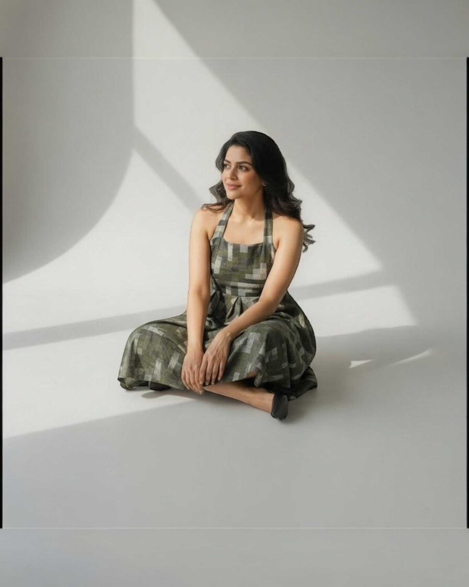 Olive Geometric Print Halter Dress