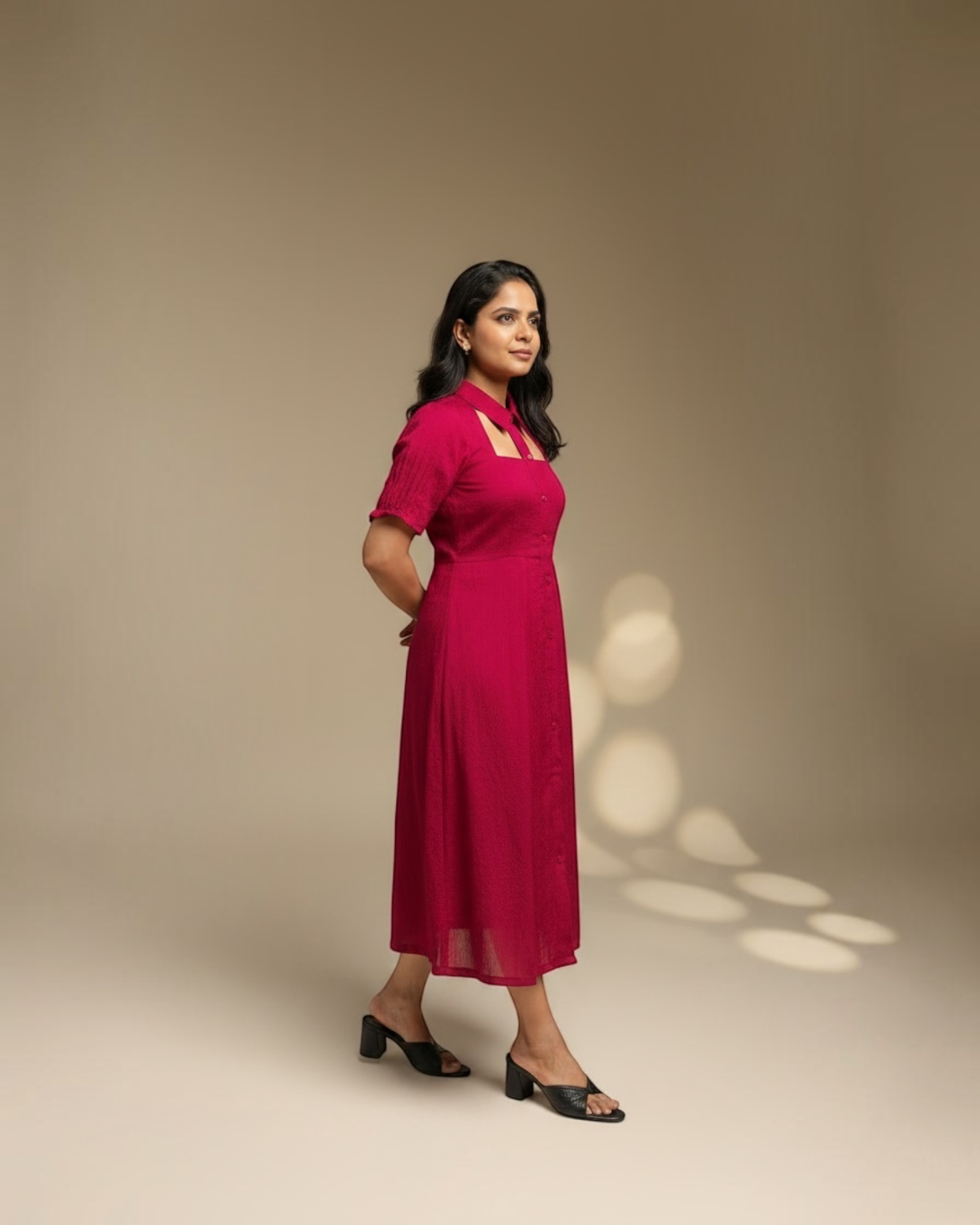 Jacquard Cut-Out Collar Midi Dress in Fuchsia