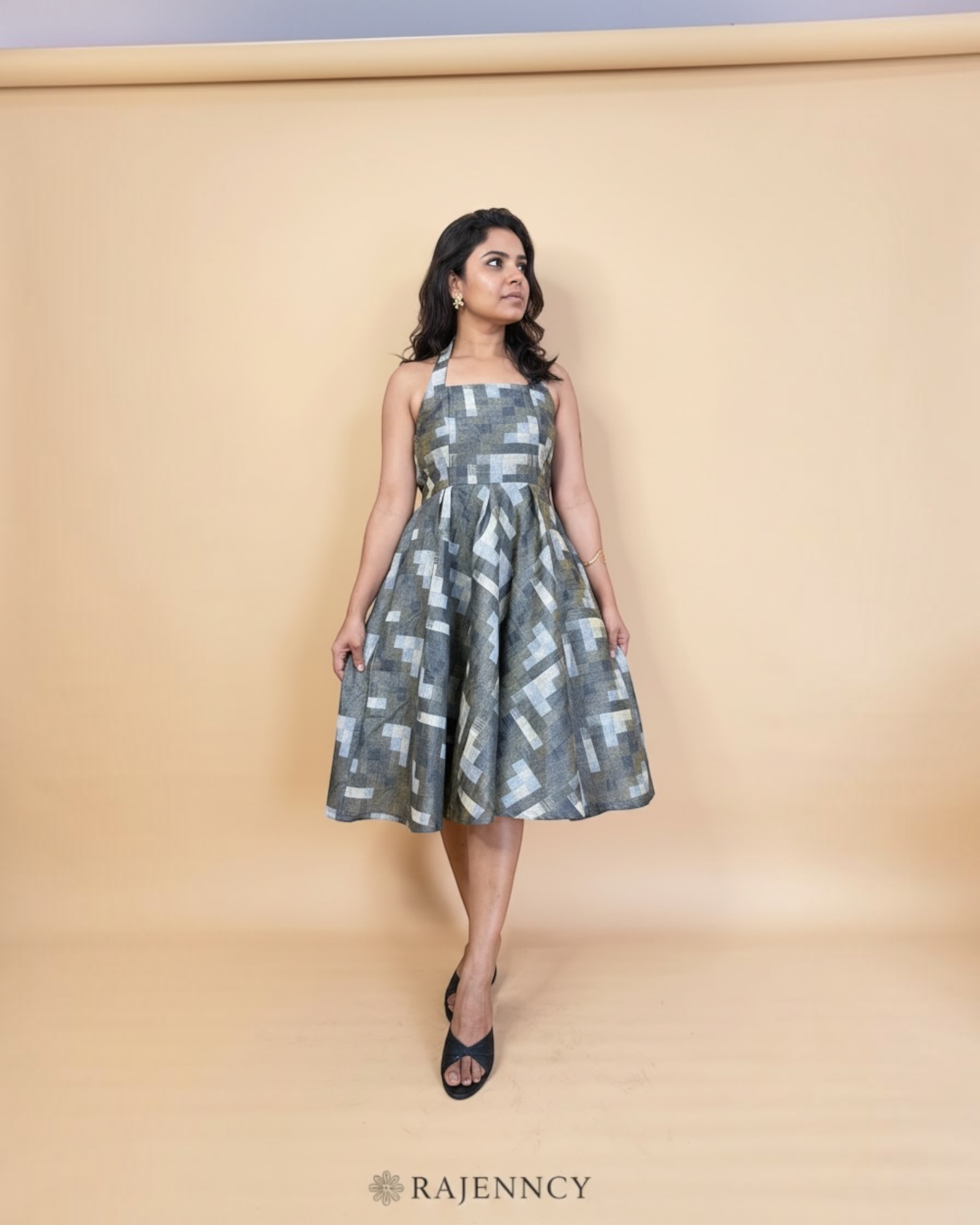 Olive Geometric Print Halter Dress