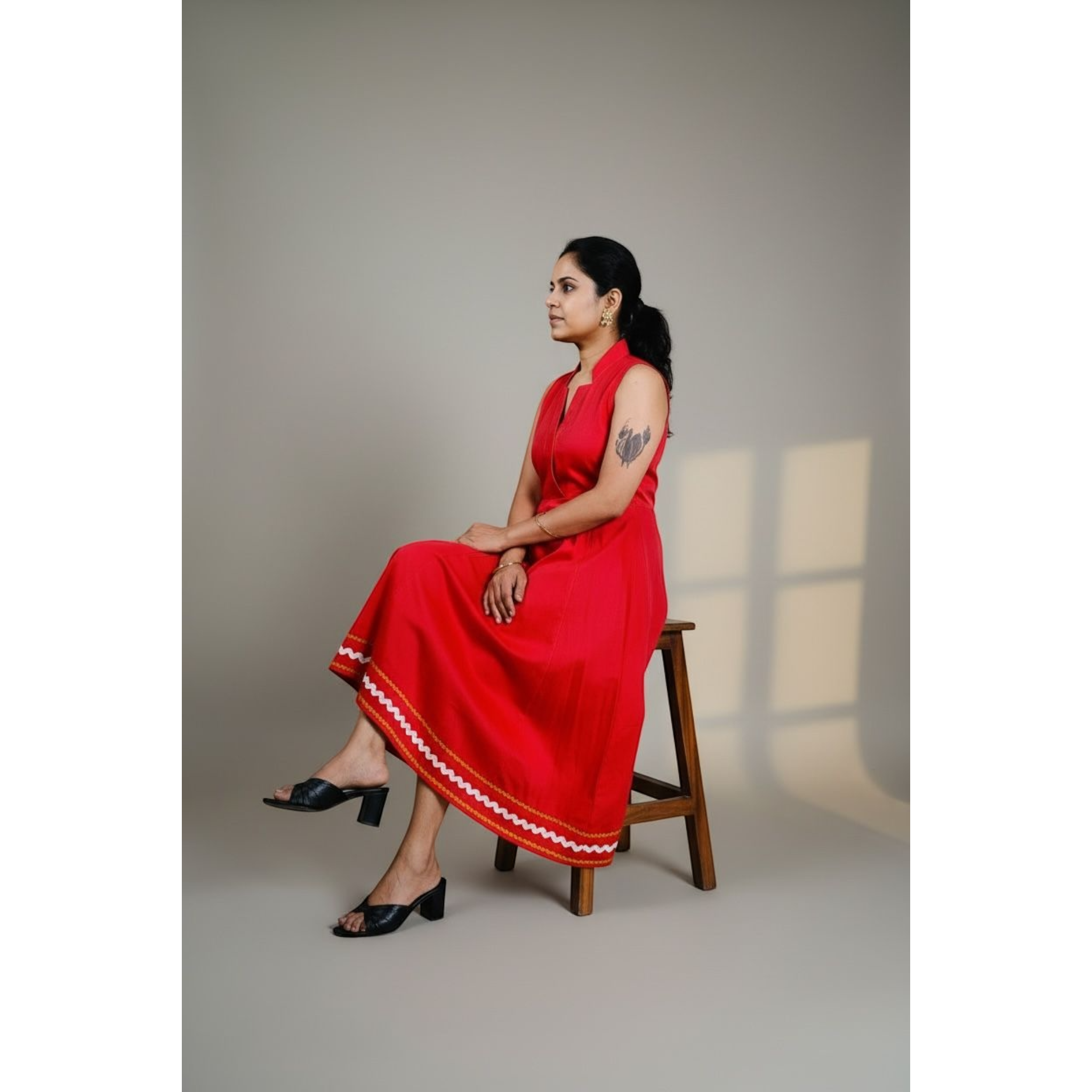 Cherry Red Ric-Rac Trim Notch Collar Midi Dress