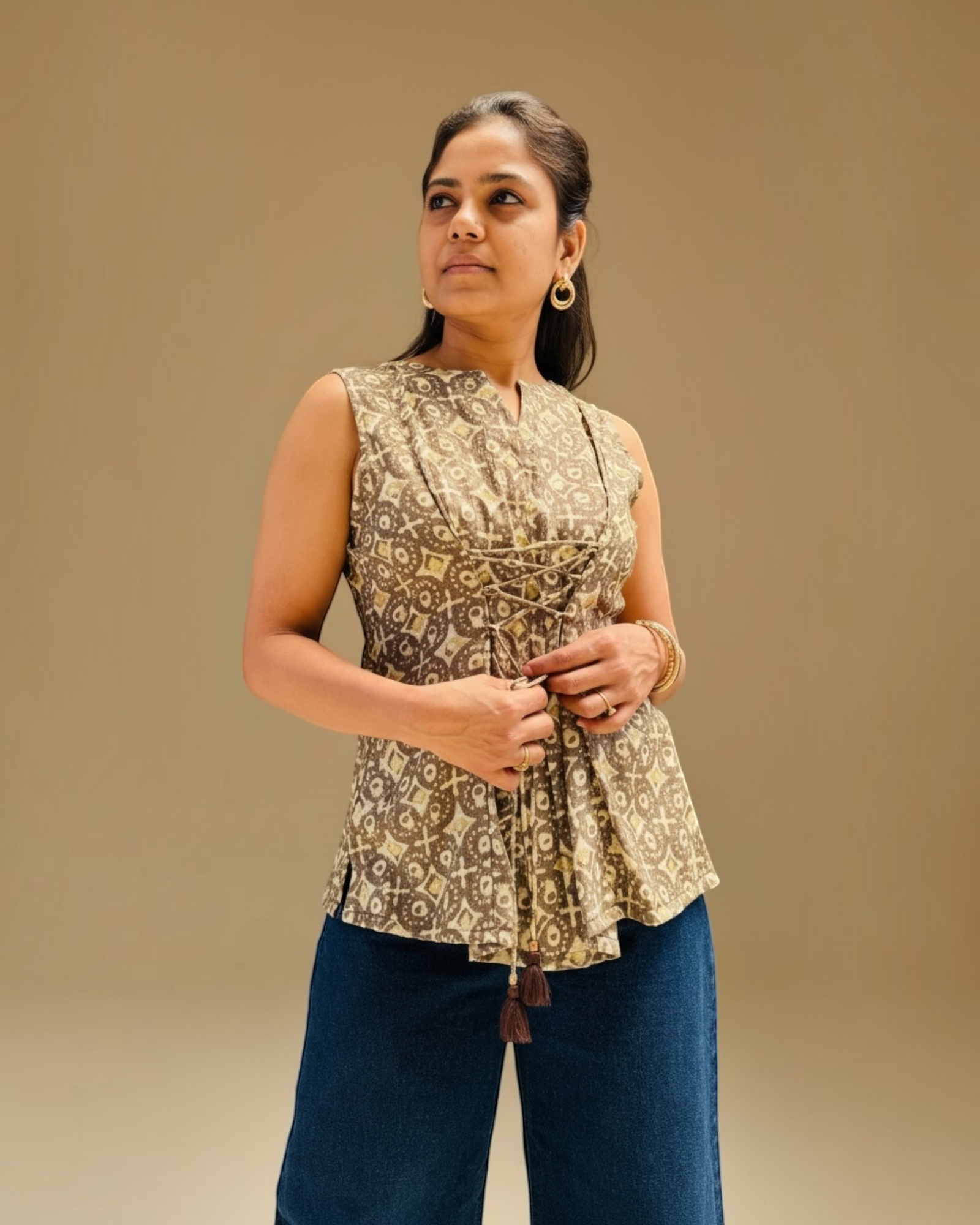 Gold Geometric Print Corset-Tie Peplum Top