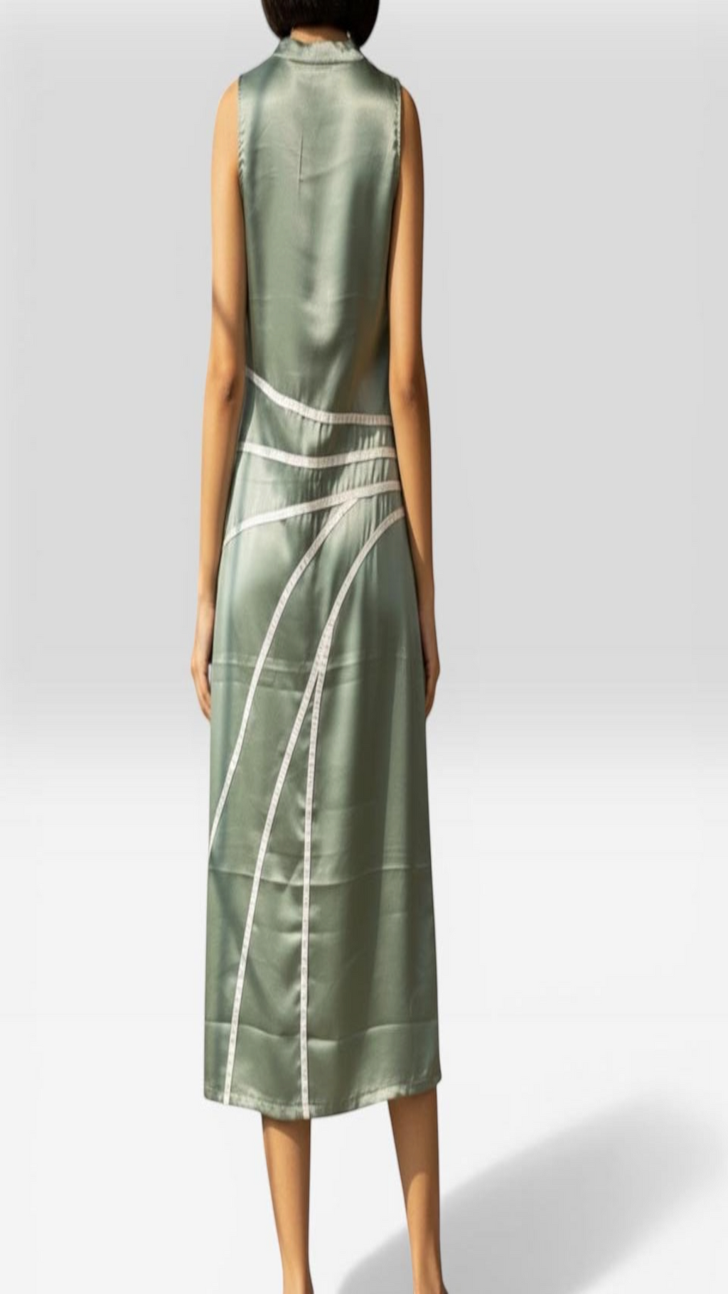 Curved Line Appliqué Satin Midi Dress in Sage Green