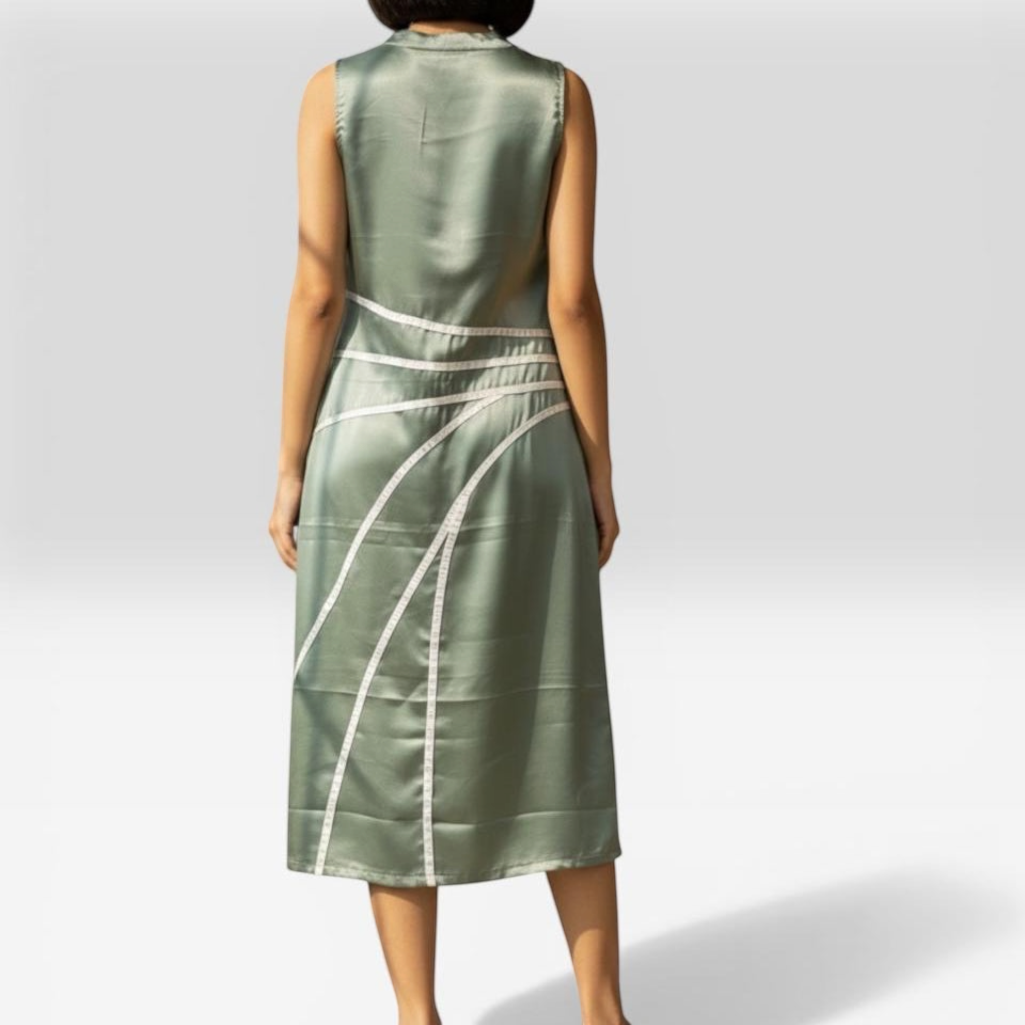 Curved Line Appliqué Satin Midi Dress in Sage Green
