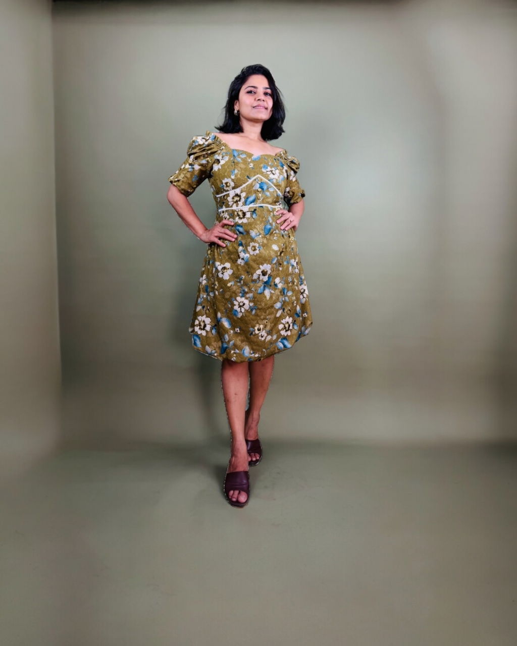 Olive Floral Off-Shoulder Puff Sleeve Dress