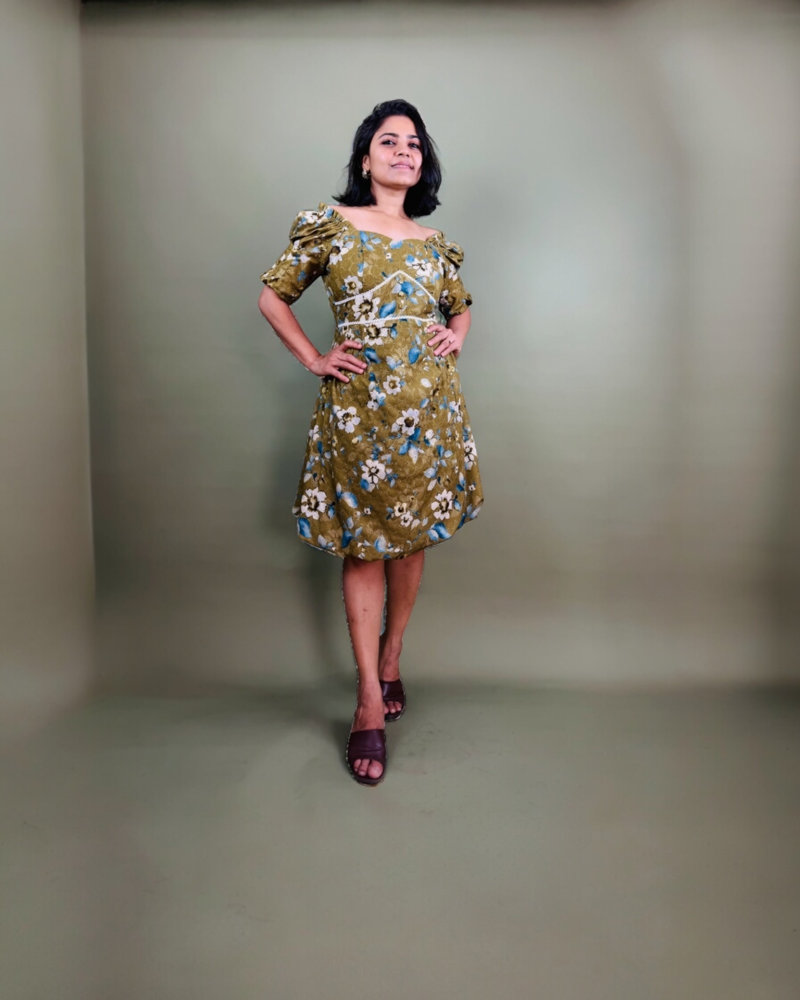 Olive Floral Off-Shoulder Puff Sleeve Dress