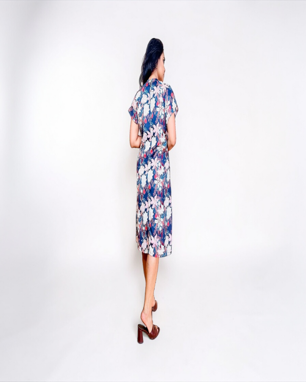 Navy & Blush Tropical Floral Flutter Sleeve Midi Dress