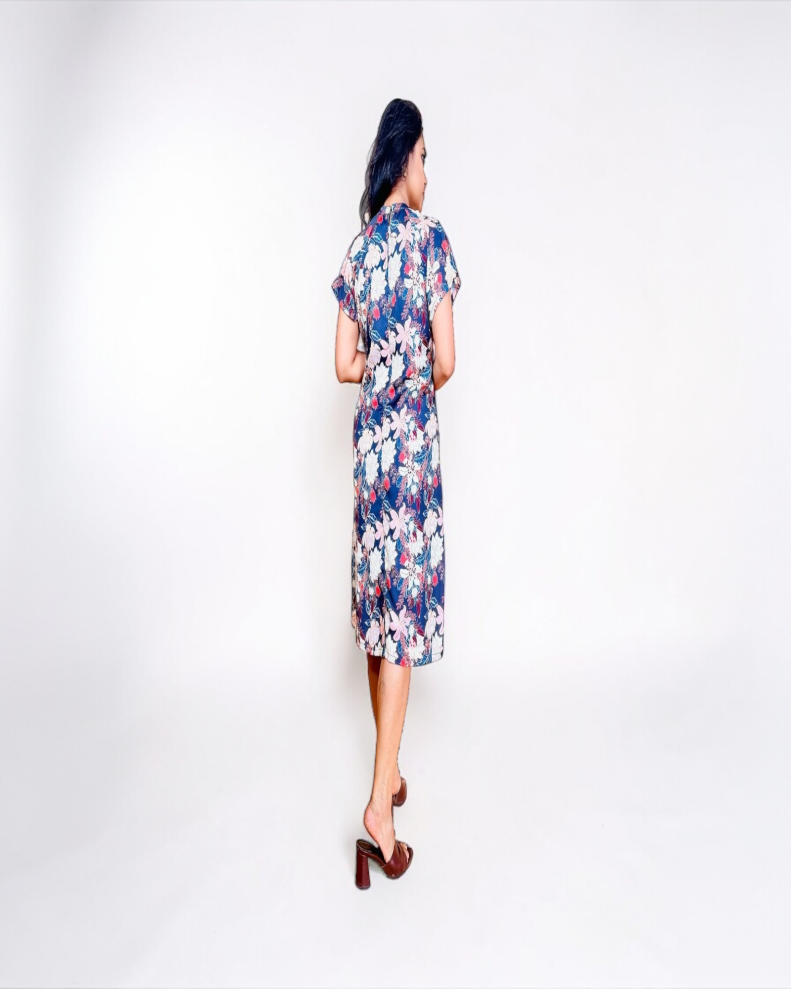 Navy & Blush Tropical Floral Flutter Sleeve Midi Dress