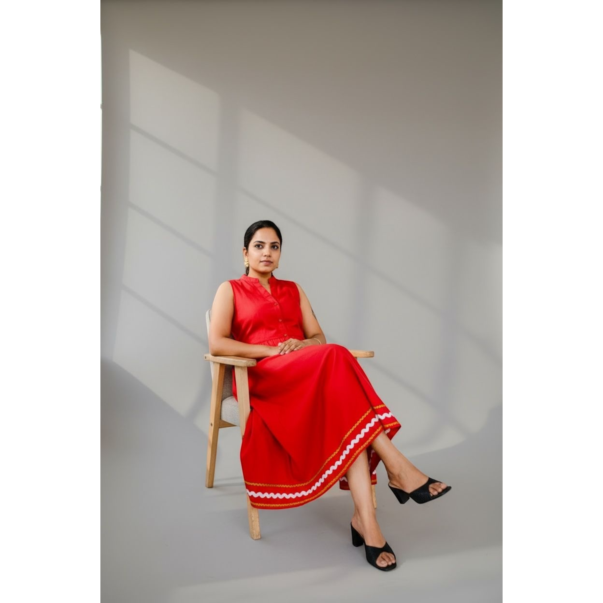 Cherry Red Ric-Rac Trim Notch Collar Midi Dress